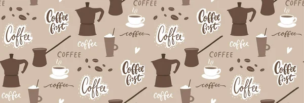 Kaffe Mönster Upprepa Bakgrundsbild Förpackningspapper Moka Pot Kaffekoppar Handskrivna Ord — Stock vektor