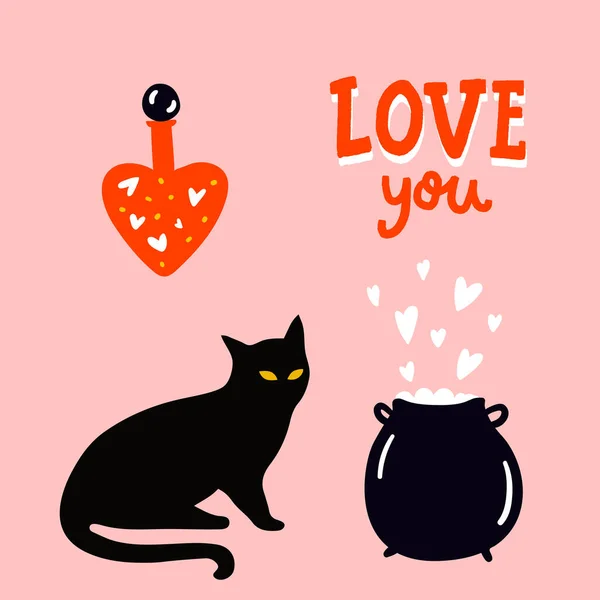 Ładna Ilustracja Czarnym Kotem Trucizną Miłości Garnkiem Czarownicy Różowym Tle — Wektor stockowy