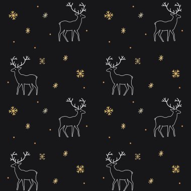Noel geyiği deseni, kış mevsimsel tatil dokusu, hediye ambalaj kağıdı tasarımı, siyah arkaplan.