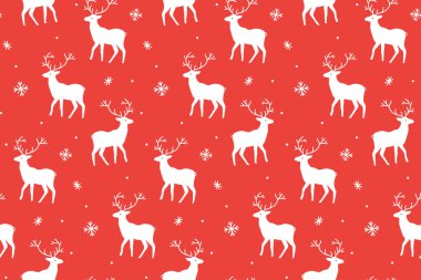 Kırmızı Noel deseni, geyik çizimleri. Hediye ambalaj kağıdı tasarımı, kış tatilleri için vektörsüz arkaplan.