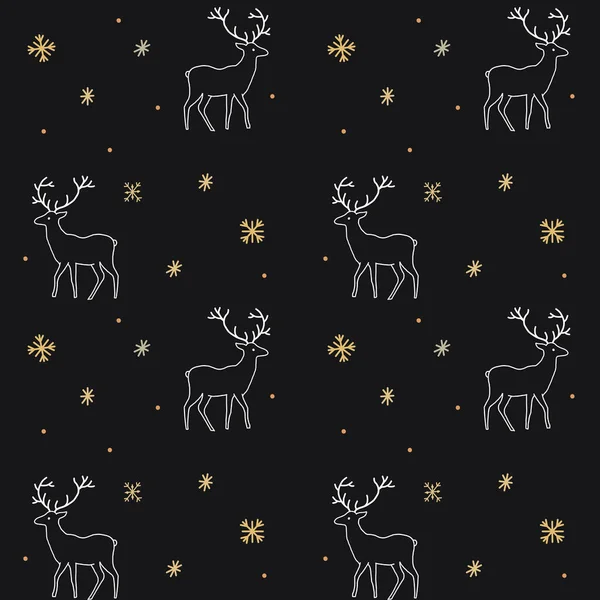 クリスマスの鹿のパターン 冬の季節の休日のテクスチャ ギフト包装紙のデザイン 黒の背景 — ストックベクタ