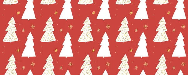 Weihnachtsbaummuster Nahtloser Hintergrund Für Geschenkpapier Handgezeichnete Fichten Und Schneeflocken Auf — Stockvektor