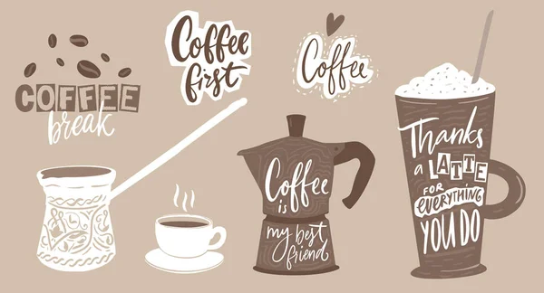 Koffie Citaten Kopjes Potten Verschillende Manieren Koffie Drinken Maken Handschrift — Stockvector