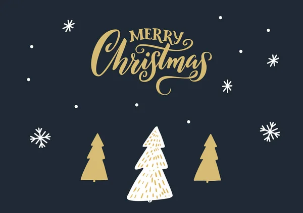 Frohe Weihnachten Grußkarte Design Weihnachtsbäume Auf Dunklem Hintergrund Mit Schneeflocken — Stockvektor