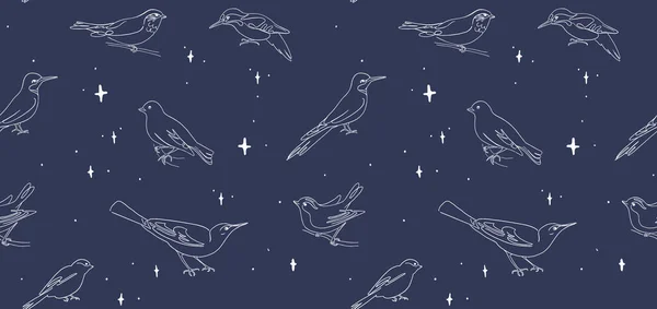 Verschiedene Vögel Nahtloses Muster Linienvektorabbildung Auf Dunkelblauem Hintergrund — Stockvektor