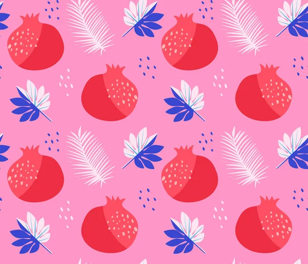 Bold Pomegranate Pattern Seamless Background Red Fruits Tropical Leaves Bright — Stock Vector