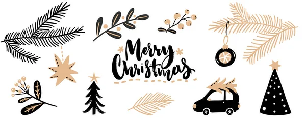 Weihnachtsgrafik Set Einfache Vektorillustrationen Von Tannenzweigen Beeren Dekorationen Clip Art — Stockvektor