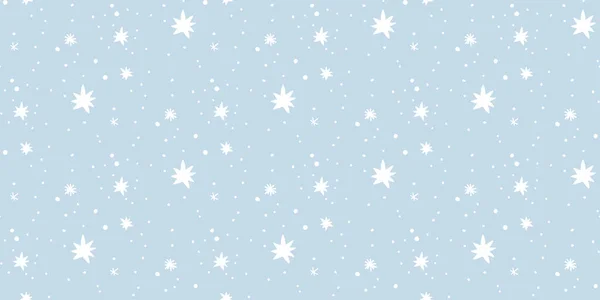パステルブルーの背景にある白い雪と星 ギフト包装紙 クリスマスデザインのための冬の背景をお祝いします ベクトルシームレスな背景 — ストックベクタ