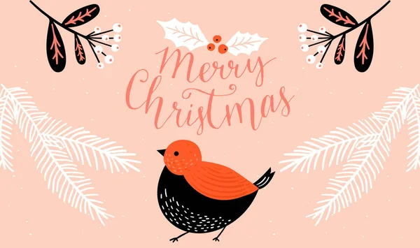 Weihnachtsgrußkarte Mit Vogel Illustration Der Volkskunst Traditioneller Weihnachtsdekoration Wie Tannenzweige — Stockvektor