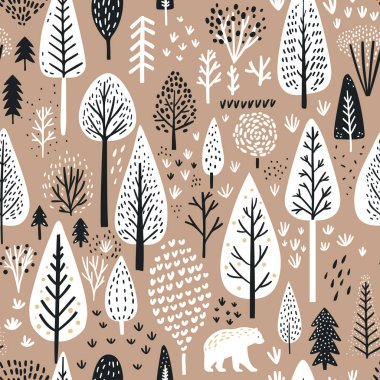 Kış ormanı desenli, kraft kağıdında kusursuz bir Noel ormanı geçmişi var. El işi hediye paketi kağıdı, organik doğal İskandinav bayramı geçmişi..