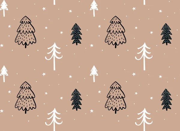 Christmas Trees Hand Drawn Kraft Paper Seamless Pattern Wrapping Paper — Stock Vector