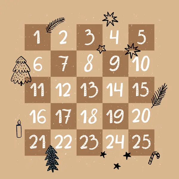 Adventskalender Auf Braunem Kraftpapier Countdown Weihnachten Mit Doodle Feiertags Illustrationen — Stockvektor