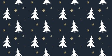 Kara Noel ağacı desenli, arka planda altın kar gölleri. Hediye paketi için koyu, pürüzsüz bir doku..