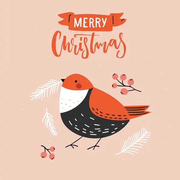 Frohe Weihnachten Grußkarte Vogel Mit Fichtenzweigen Und Beeren Dekorative Vektorillustration — Stockvektor