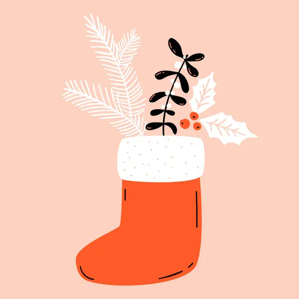 Vánoční Punčocha Borovicovými Větvemi Cesmínami Moderní Ploché Ilustrace Sezónní Design Stock Vektory