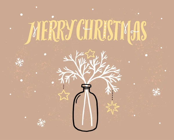 Frohe Weihnachten Grußkarte Auf Kraftbraunem Papier Handgezeichnete Vase Mit Weiß — Stockvektor