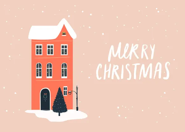 Rode Winterhuis Vallende Sneeuw Handgeschreven Tekst Vrolijk Kerstfeest Eenvoudige Moderne — Stockvector