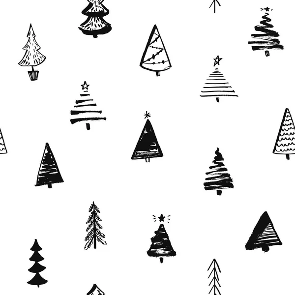 Arbres Noël Noir Blanc Motif Différentes Silhouettes Pin Dessinées Main — Image vectorielle