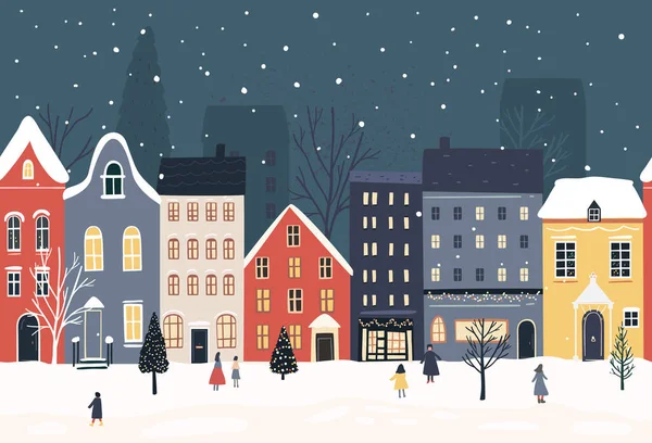 Vánoční Hranice Ulice Evropských Domů Padajícím Sněhem Zimní Noční Městská Royalty Free Stock Vektory