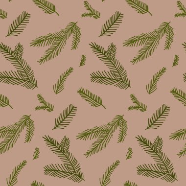 Yılbaşı kraft kâğıdı deseni. Kahverengi arka planda çam dalları, minimalist modern hediye paketleme kağıdı tasarımı.