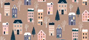 Kış şehri şablonu, kusursuz arkaplan, Avrupa evleri ve ağaçları, kahverengi kraft kağıdına düşen kar..