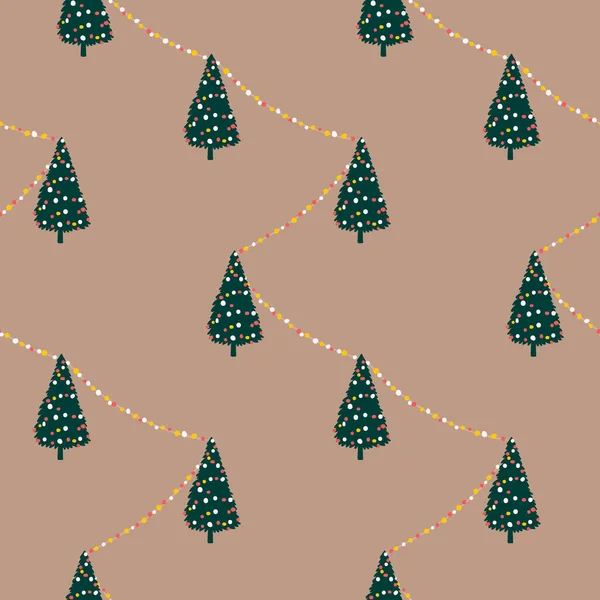 Chrsitmas Tree Seamless Pattern Kraft Paper Decorated Trees Garlands Brown — Stock Vector