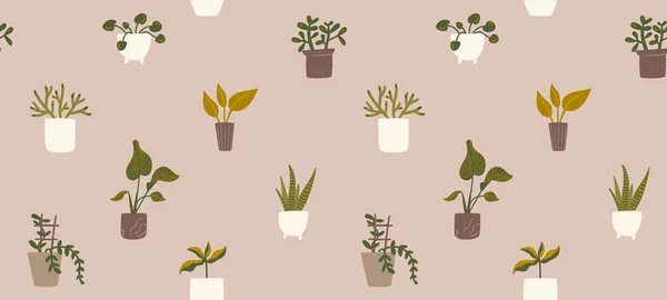 Home Plants Pots Seamless Pattern Beige Kraft Paper Different Potted — Stock Vector