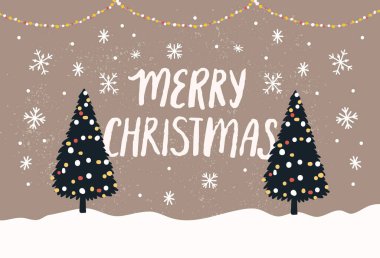 Mutlu Noeller kartı, kahverengi kraft kağıdında iki çam ağacı, yağan kar. Beyaz kış manzarası, veteror kırsal illüstrasyon.