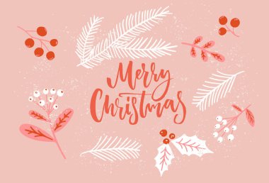 Pembe Noel kartı, ökseotu ve dallarla süslenmiş el yazısı, kutsal böğürtlen. Vektör mevsimlik selamlar.