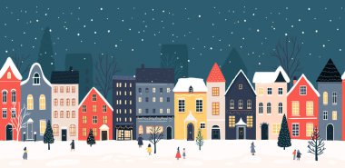 Noel kenti sınırı, mevsimsel selamlaşmalar için kusursuz panoramik manzara, ambalaj. Avrupai evler, yağan karlar ve kutlanan insanlar. Madalyalı şehrin vektör illüstrasyonu