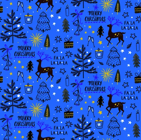 Blauwe Kerstachtergrond Met Met Hand Getrokken Herten Pijnbomen Sneeuw Tekst — Stockvector