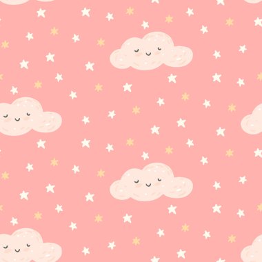 Şirin pembe bebek deseni, yıldızlar ve uykulu bulut. Pijama baskısı tasarımı, çocuk odası boho koleksiyonu. Vektörsüz arkaplan