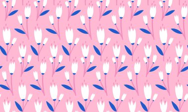 Basit pembe çiçek desenleri, beyaz laleler, tekrarlanan pembe desenler. Vektör minimal dekoratif tekstil baskısı.