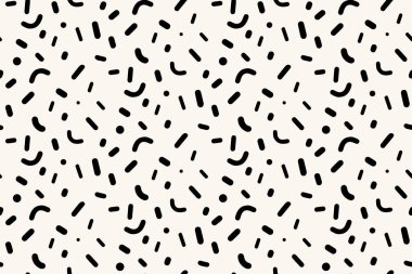 Düzensiz serpinti deseni, siyah ve beyaz dikişsiz doku, geometrik dağınık rastgele parçalar.