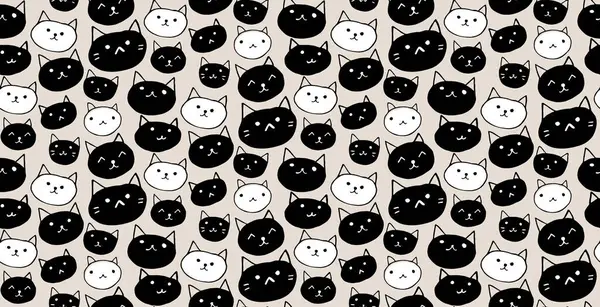 Kočičí Tváře Vzor Bezešvé Zvířecí Textury Roztomilý Vektor Černá Bílá Stock Vektory