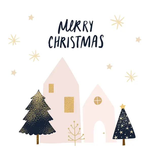 Minimalistický Roztomilý Vánoční Pohlednice Design Malý Dům Vánoční Stromeček Zdobené Royalty Free Stock Ilustrace