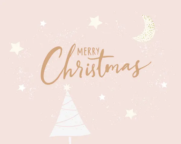 Pastellrosa Minimalistiskt Handskrivet Julkort Dekorerat Med Månhalvmåne Och Stjärnor Guldfolie Royaltyfria illustrationer