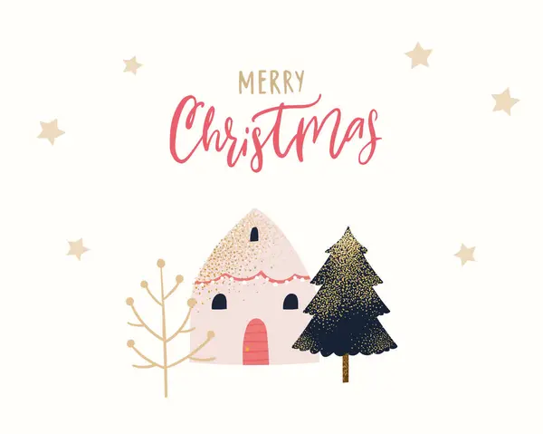 귀여운 하우스 크리스마스 배경에 가문비 인사말 디자인 스톡 일러스트레이션