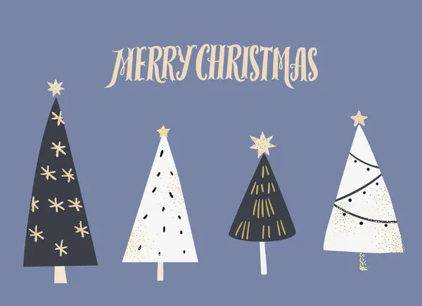 Handgjort Minimalistiskt Julkort Handritade Träd Silhuetter Dekorerade Med Stjärnor Och Royaltyfria Stockvektorer
