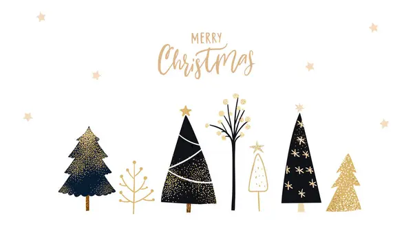 God Jul Gratulationskort Vinter Skog Svarta Och Gyllene Träd Vit Stockvektor