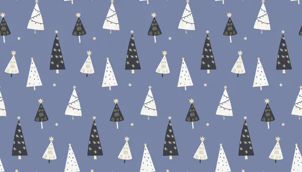 Modrý Vánoční Vzor Skandi Jednoduché Stromy Textury Zlatými Hvězdami Dekoracemi Royalty Free Stock Vektory