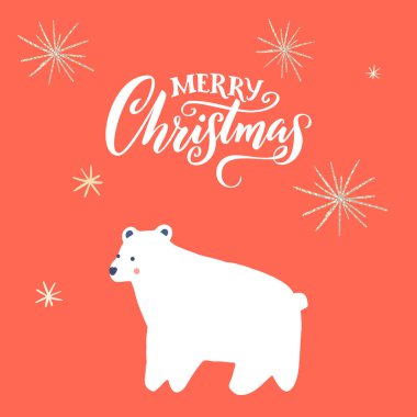 Kutup ayısı şirin hayvan, mutlu noeller, kırmızı arka planda altın havai fişeklerle süslenmiş klasik yazı..