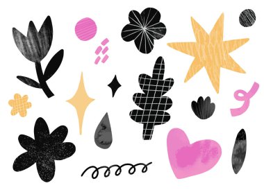 Soyut geomerty çıkartmaları, çiçekler ve organik şekiller. İzole kolaj elementleri, pembe, sarı ve siyah dizayn seti