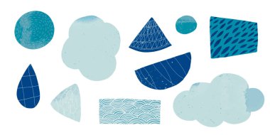 Blue abstract shapes, japanese pattern tape, organic figures and stickers for collages and scrapbook design. clipart