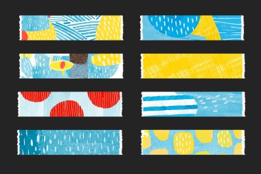 Dokulu kağıt bant seti, modern suluboya yapışkan maskeleme bantları, soyut geometri kalıpları ve kolaj için Japon motifi. Noktalar, mavi, sarı ve kırmızı çizgiler