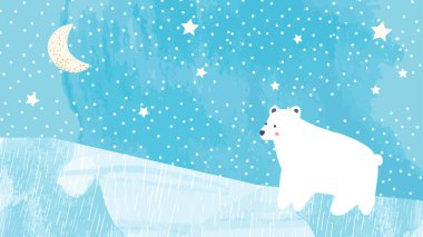 Kuzey kutbunda buzdaki şirin kutup ayısı. Geniş çizim, mavi desenli arka plan. Kış sahnesi.