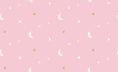 Pembe yıldızlar ve ay deseni, çocuk odası için basit sevimli doku ve çocuk ürünleri, altın parıltısı hücre elementleri..