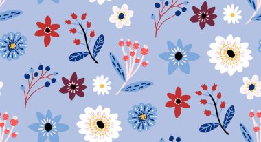 Kışın çiçek deseni, pürüzsüz doku, geniş ölçekli arka plan. El çizimi çiçekler ve dallar, böğürtlen ve dallar pastel mavi arka planda. Hediye paketi, kırtasiye tasarımı.