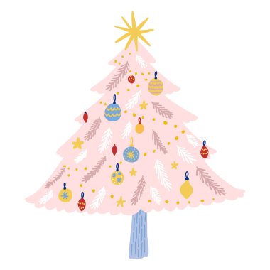 Pembe süslemeli Noel ağacı, izole edilmiş, şirin tuhaf sanat, kış tatili tasarımı..