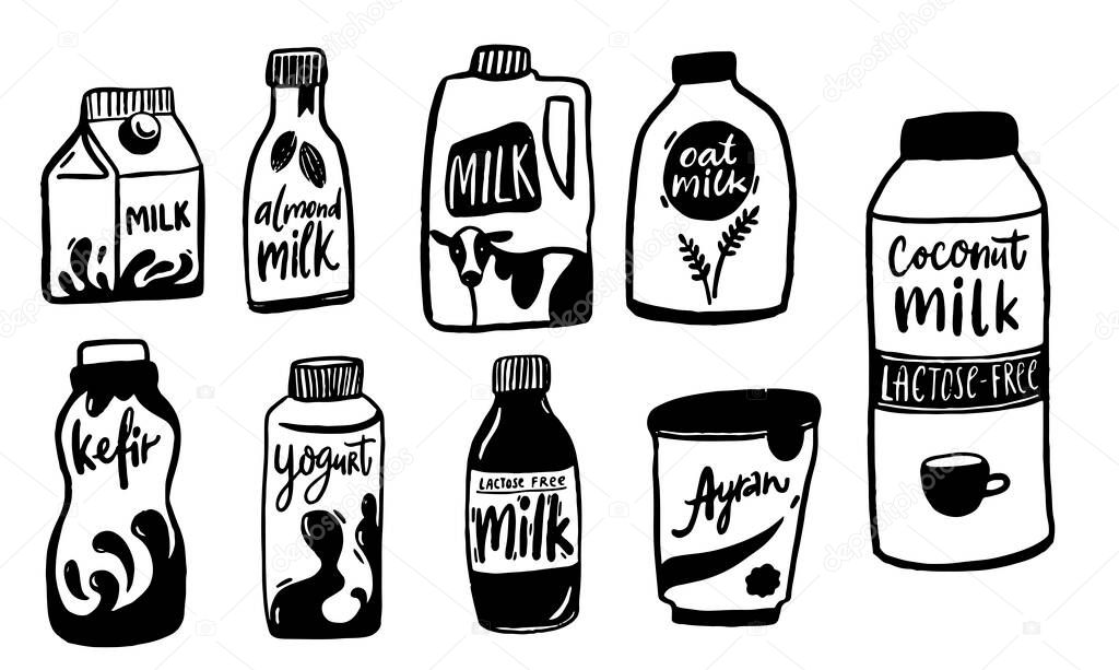 Dairy products packaging doodles, different shapes of milk bottle, carton box and glass. Refir, ayran, yogurt and plant based milk alternative.